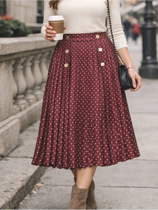Zara Dresses & Skirts - Zara Burgundy Polka Dot Pleated Midi Skirt with Gold Buttons